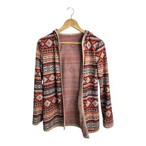 Aztec Southwestern Print Open Front Hoodie Cardigan Sweater Women's Size Small